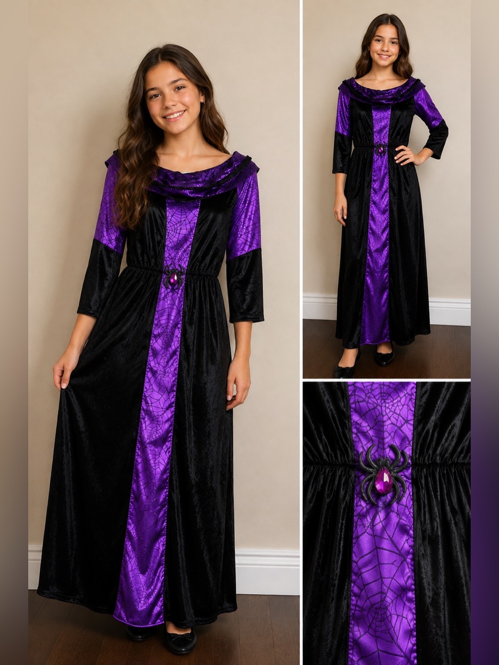 Girls' Purple & Black Spider-Web Velvet Halloween Costume Robe